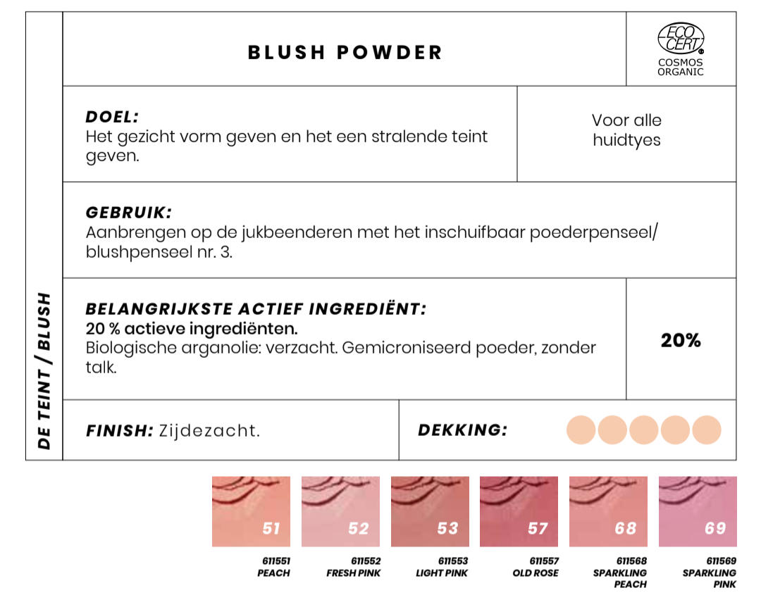 Deze bio blush is in er in diverse prachtige tinten. Je kunt kiezen uit een felle frisse blush, of een meer natuurlijke blush kleur. 