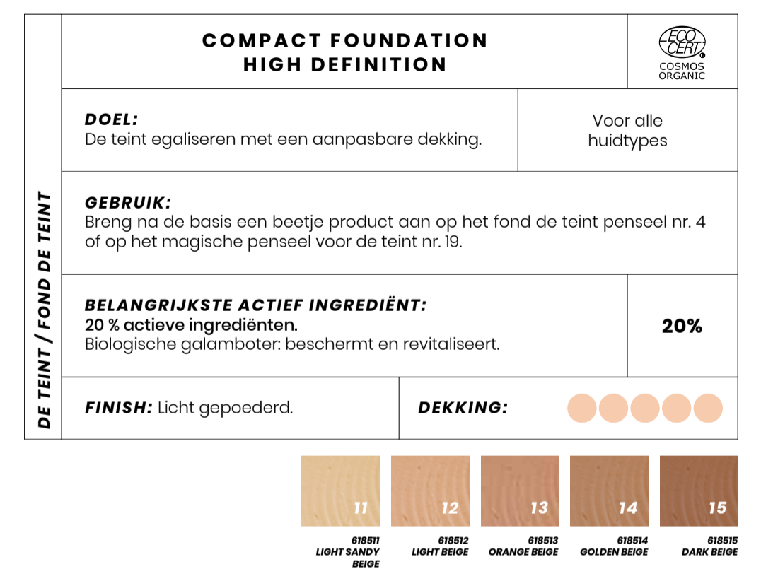 De compact foundation is verkrijgbaar 5 verschillende tinten.