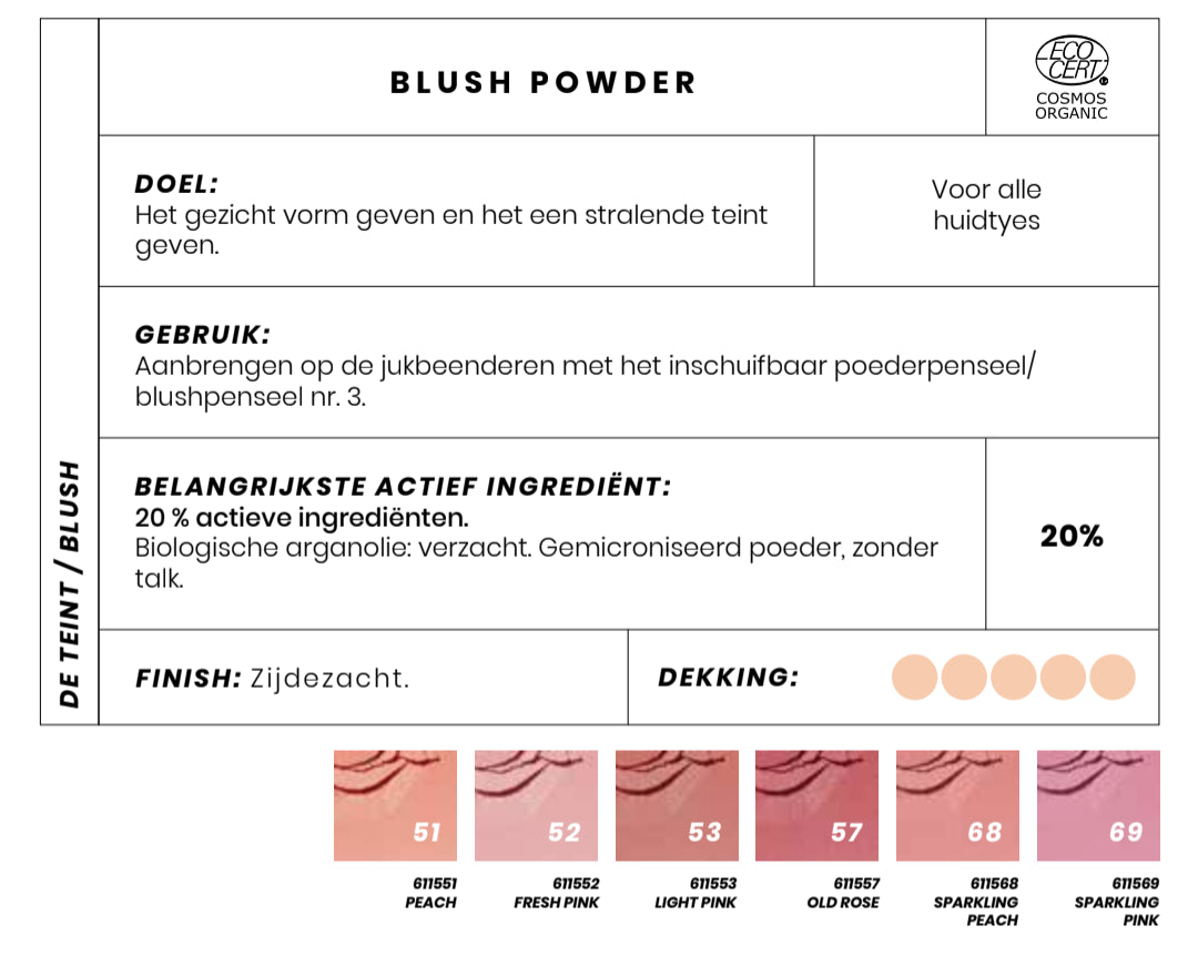 Deze bio blush is in er in diverse prachtige tinten. Je kunt kiezen uit een felle frisse blush, of een meer natuurlijke blush kleur.  