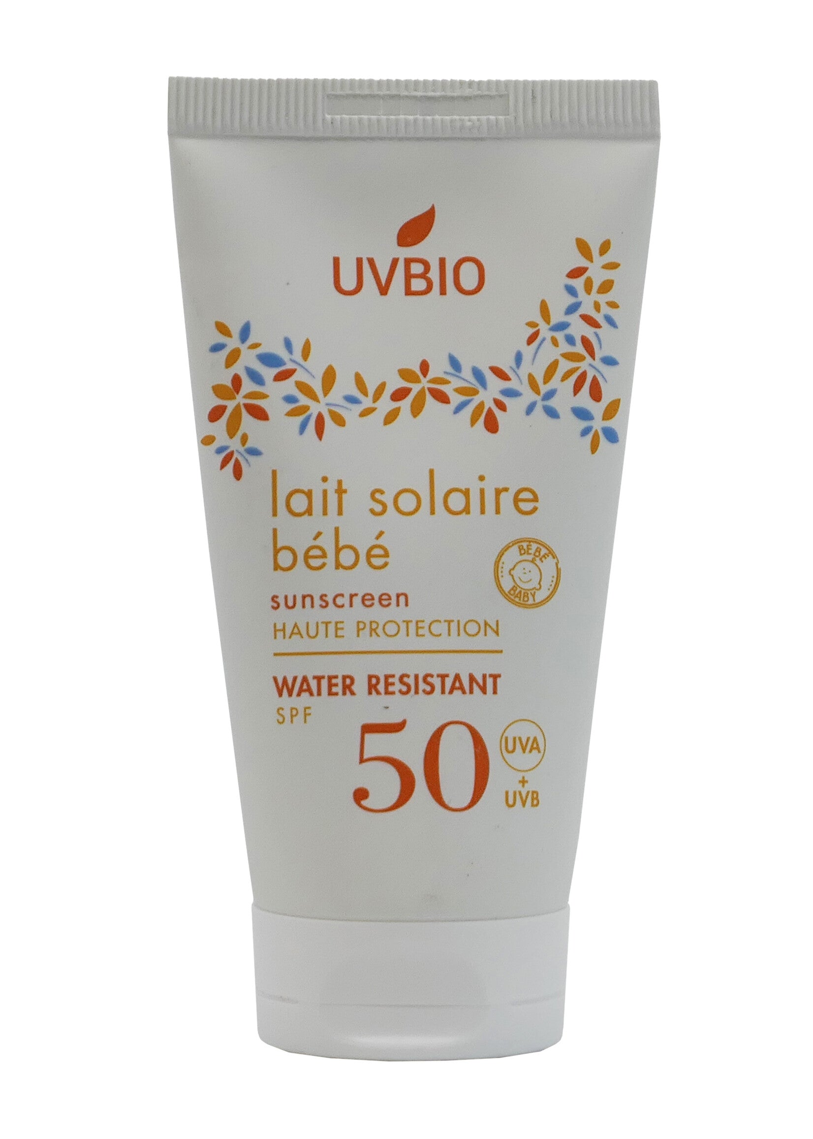 Bébé Bio SPF 50 UVBIO zonnelotion met kokosolie- en zoete amandelolie-extracten biedt een hoge natuurlijke bescherming tegen UVA- en UVB-stralen voor baby's en het hele gezin.